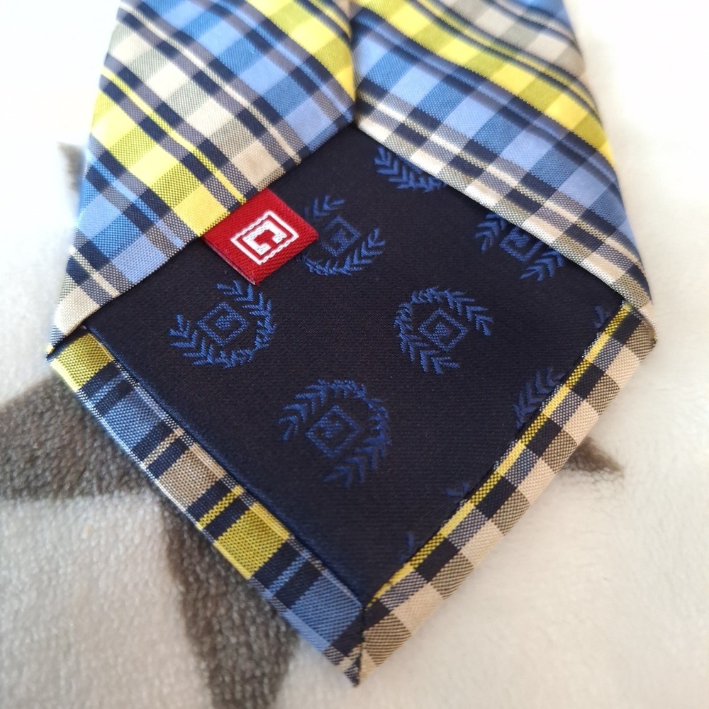 Chaps Mens Necktie Blue and Yellow Plaid 100% Silk Designer Tie Handmade - Picture 7 of 9